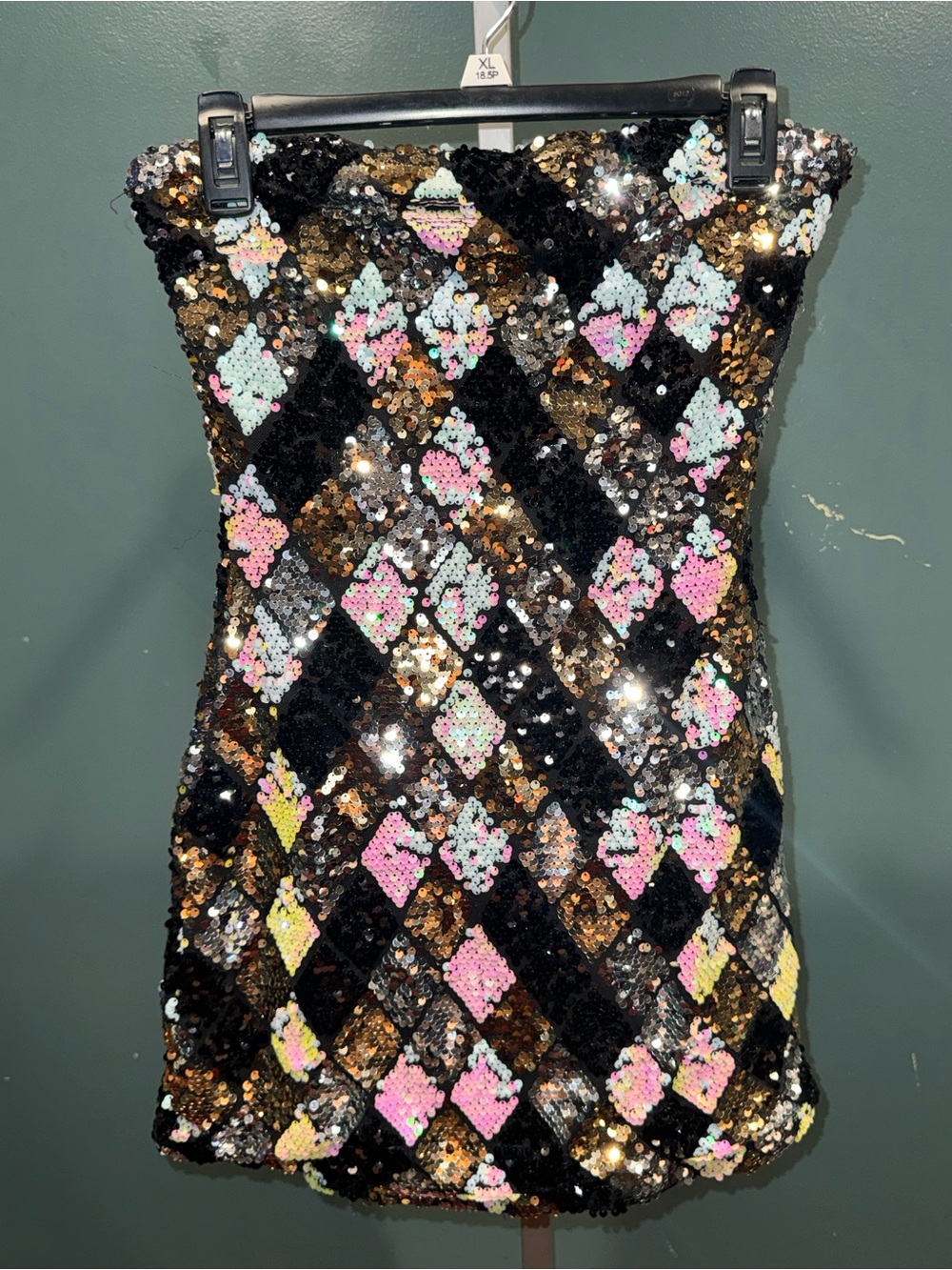 12th Tribe Black Sequin Diamond Dress with Pastel Pink, Blue & Gold Accents